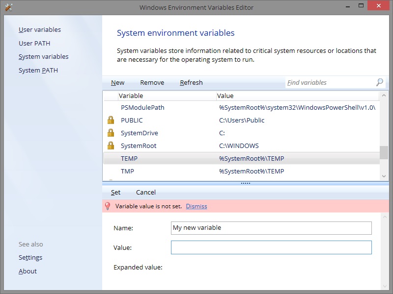 environment variables editor with built-in validation